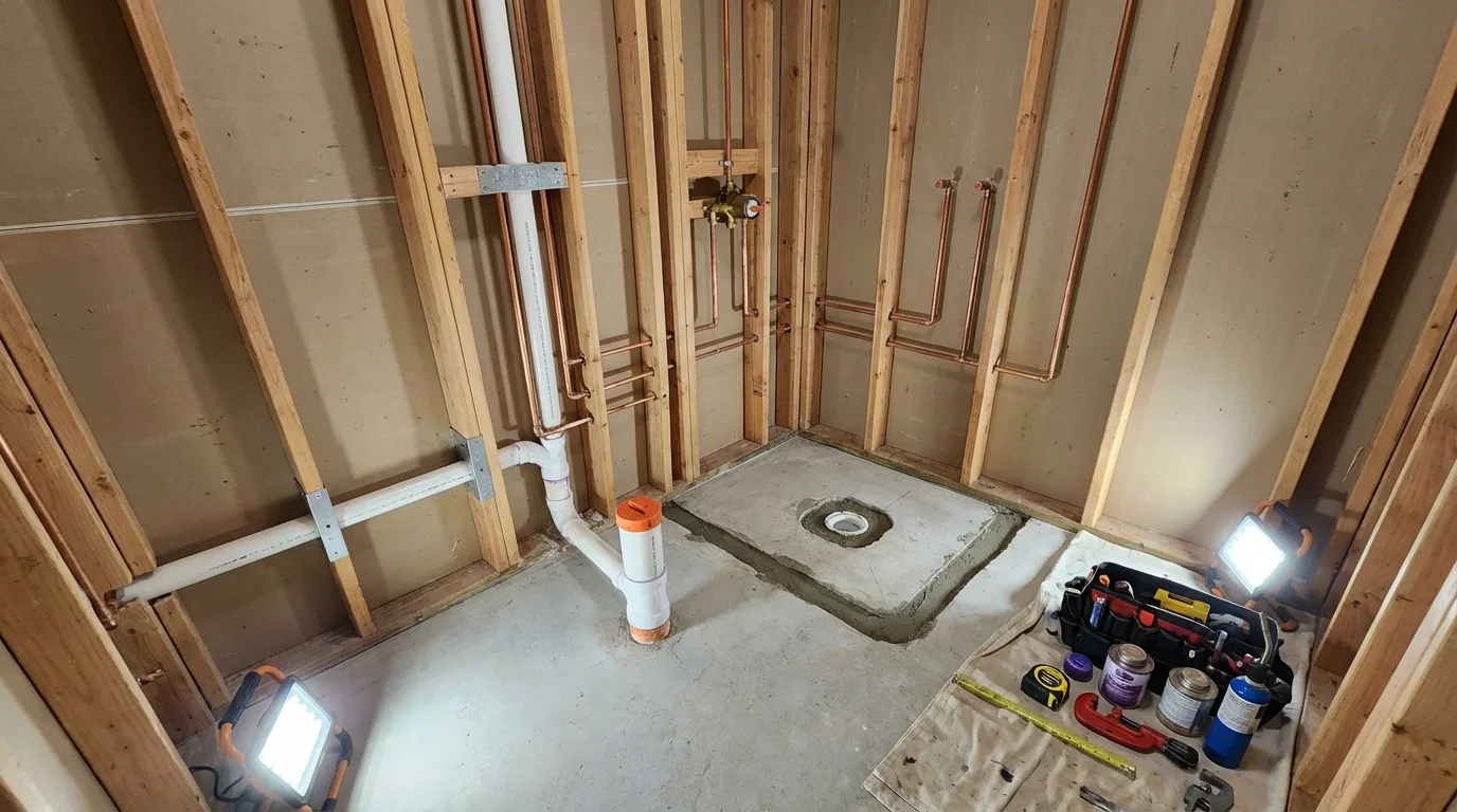 Bathroom rough-in plumbing during remodel by Johns Plumbing LLC in Clarkston