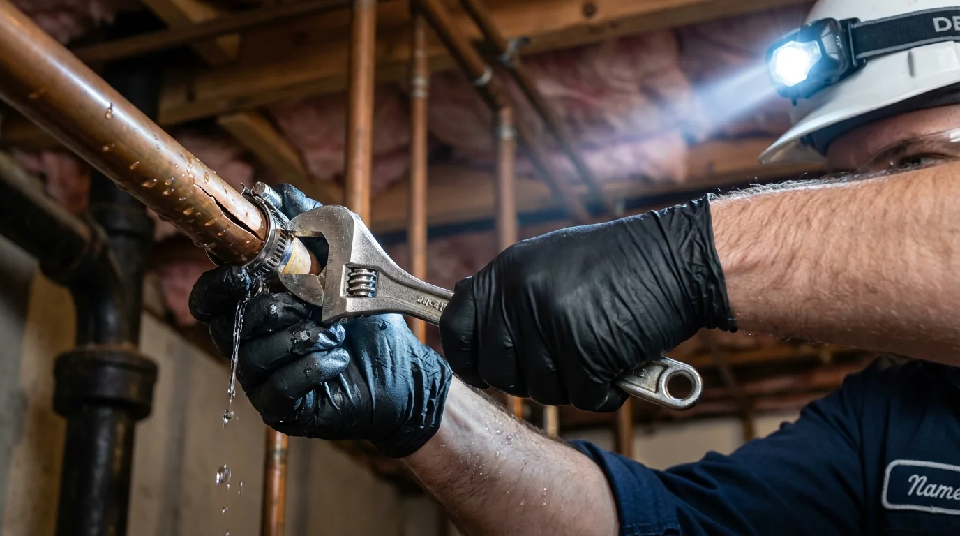 Emergency pipe clamp repair being performed by a Johns Plumbing LLC plumber in Clarkston