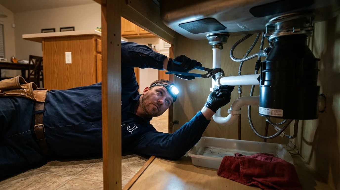 P-trap and supply line connections under a kitchen sink showing a common leak point in Clarkston, GA